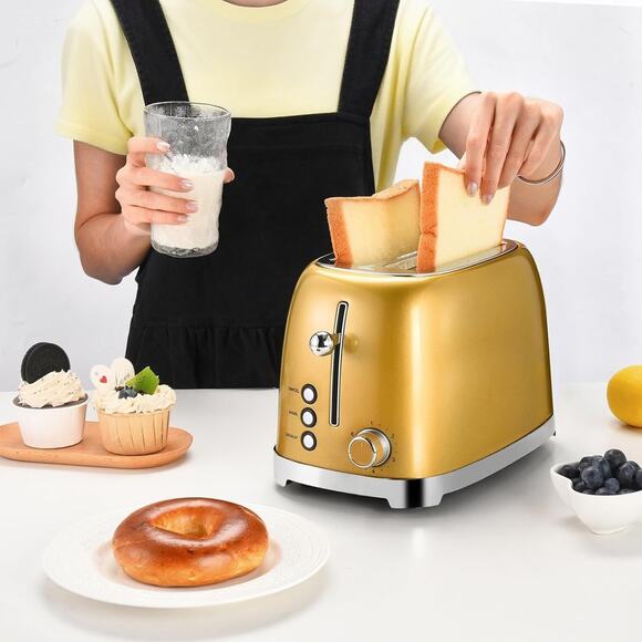 Gold 2 Slice Toaster, Wide Slot Stainless Steel, 6 Shade Settings, Bagel, Defros - Picture 2 of 7